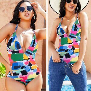 NEW Women's One Piece Swimsuit Deep V Neck Bathing Suits Tummy Control SZ S